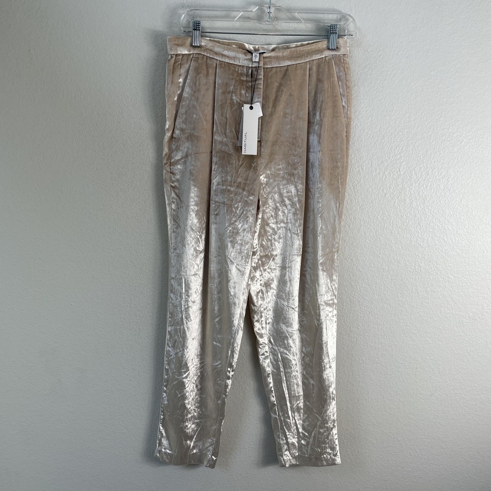 NEW Habitual Pants Womens 6 Beige Crushed Velvet Pleated Tapered Ankle Party